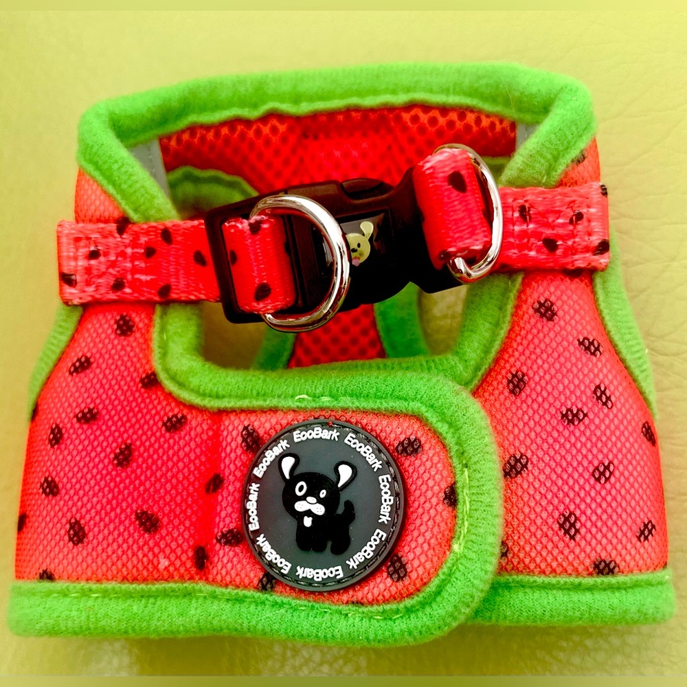 EcoBark Step-in Dog Harness, Size XXS, Watermelon Red with Green Trim.
